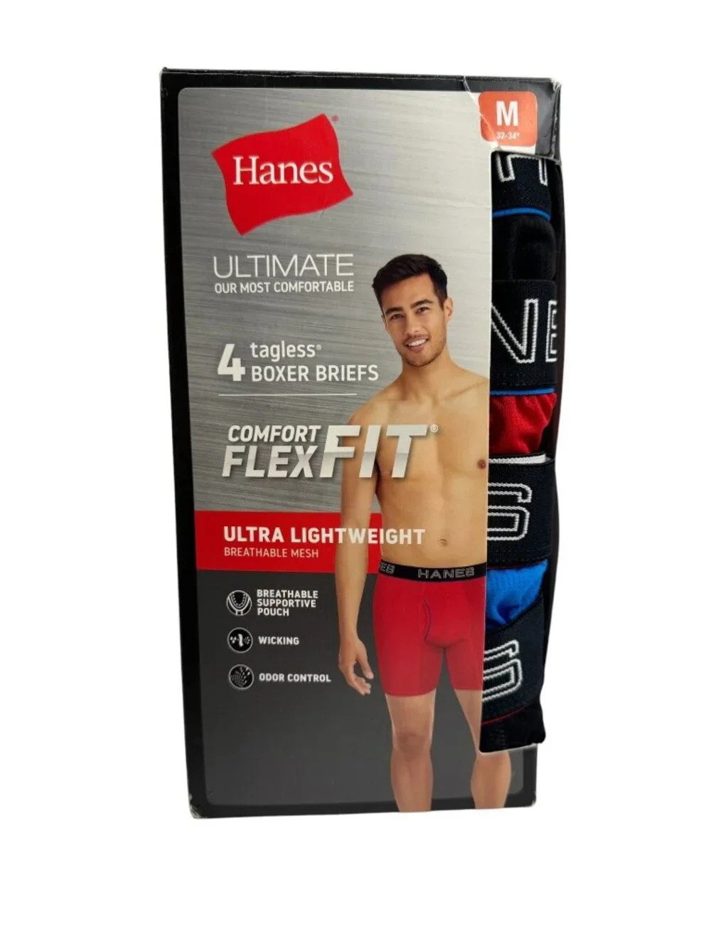 Hanes NEW Comfort FlexFit Mens Medium Tagless Boxer Briefs 4 Pack Black Blue Red